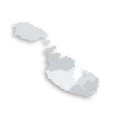Malta political map of administrative divisions - regions. Grey blank flat vector map with dropped shadow.