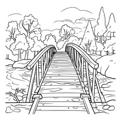 Wooden bridge over the river. Black and white vector illustration.