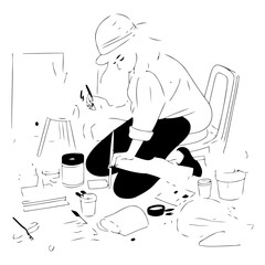Illustration of a young man painting in the studio. Hand drawn vector illustration.