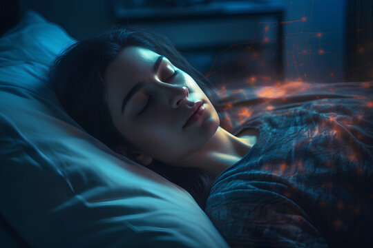 Sleeping teenage girl or young woman at night in bed