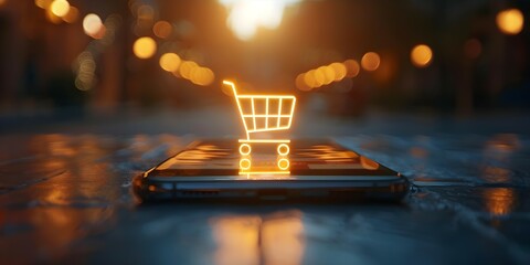 Exploring E-commerce with a Mobile Phone and Shopping Cart Icon. Concept E-commerce Trends, Mobile Shopping, Online Retail Strategy, Shopping Cart Icon, Mobile Marketing - obrazy, fototapety, plakaty