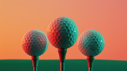close-up of the tee pegs and golf ball against a sunset-colored green background, concet of international Golf Day - obrazy, fototapety, plakaty
