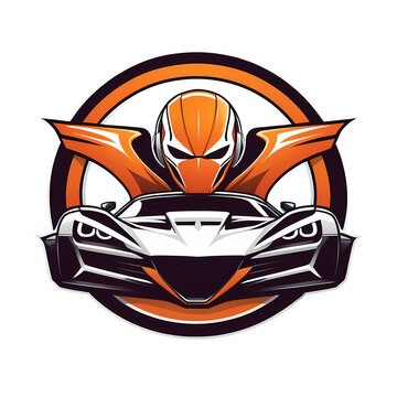Logotype emblem of helmeted superhero man head with sport car on transparent background