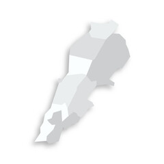 Lebanon political map of administrative divisions - governorates. Grey blank flat vector map with dropped shadow.