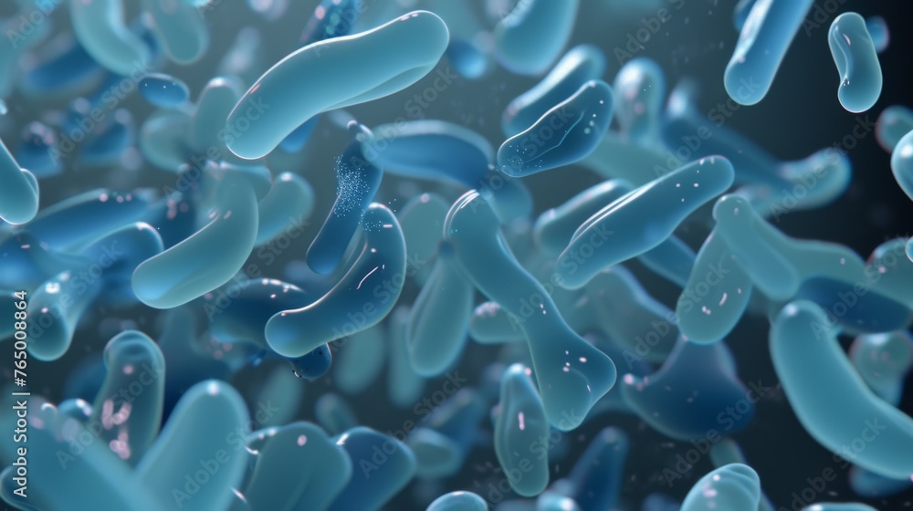 Poster a close-up rendering of abstract, blue microorganisms, with a focus on the translucent and fluid-lik