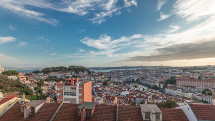 Obraz premium Panorama showing Lisbon famous aerial view from Miradouro da Senhora do Monte tourist viewpoint timelapse
