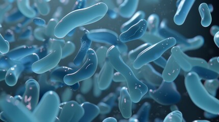 A close-up rendering of abstract, blue microorganisms, with a focus on the translucent and fluid-like textures that convey a sense of scientific exploration