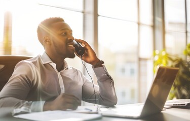 Businessman Making Phone Call Sitting At Desk In Office