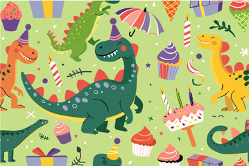 dnosaur seamless pattern tropical kids party textile wallpaper trex tyrannosaurus illustration decoration