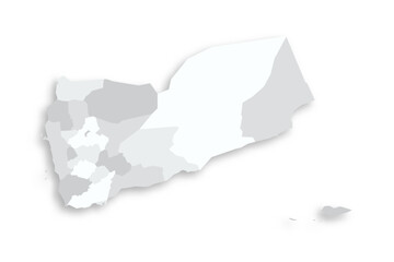 Yemen political map of administrative divisions - governorates and municipality of Sanaa. Grey blank flat vector map with dropped shadow.