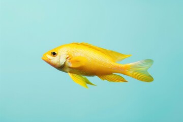 Fototapeta premium yellow fish filled with omega-3 fatty acids and vitamins such as D and B2 on light blue background with copy space