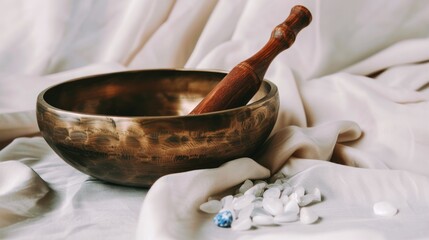tibetan singing bowl with white gem stones, relaxation, yoga practice, healing massage, meditation music instrument