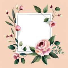 white frame with pink flowers and green leaves