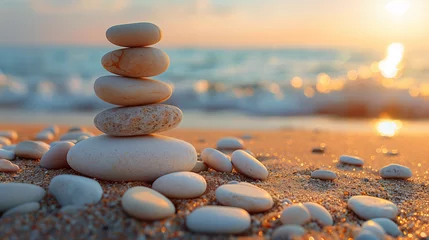 Gordijnen Pile of Zen stones on the sand on a beach with a blurred background at sunset, copy space, Zen concept, balance, peace, meditation, concentration, harmony, relaxation. © JMarques