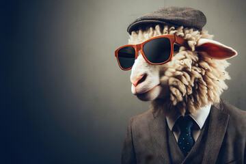 sheep wearing sunglasses and hat is wearing suit and tie anthropomorphic - obrazy, fototapety, plakaty
