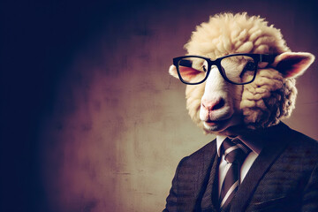 sheep wearing glasses and suit anthropomorphic - obrazy, fototapety, plakaty