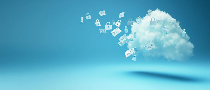 Paper envelopes and locks dispersing from a cloud, denoting secure email transmission.
