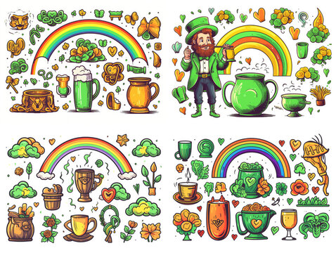 Four different images rainbow with various objects such as cups, vases
