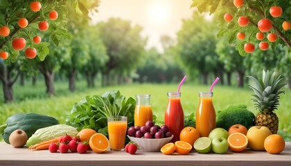 World food safety day having vegetables fruits juices on the table and side with fruit trees plants...