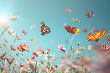 spring, flowers, butterflies, clear sky