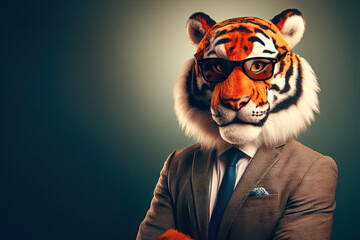 tiger wearing glasses and suit is posing for photo anthropomorphic - obrazy, fototapety, plakaty