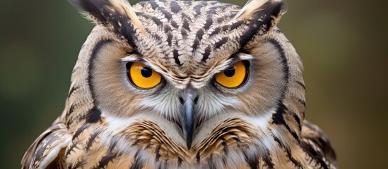 A majestic owl with auburn feathers and striking yellow eyes staring intently at the viewer