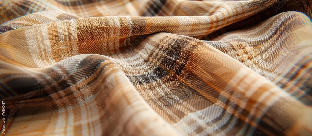 Poster a detailed close-up view of a plaid fabric showing the intricate intersecting lines and patterns in 