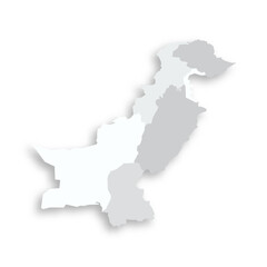 Pakistan political map of administrative divisions - provinces and autonomous territories. Grey blank flat vector map with dropped shadow.