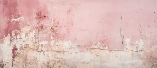 Fototapeta premium Close-up of a weathered pink wall with flaking paint revealing the rough texture underneath
