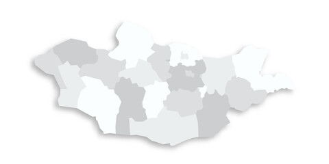 Mongolia political map of administrative divisions - provinces and khot Ulaanbaatar. Grey blank flat vector map with dropped shadow.