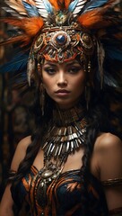 Tribal Queen: Ethereal Beauty Adorned with Exotic Feathers and Jewels
