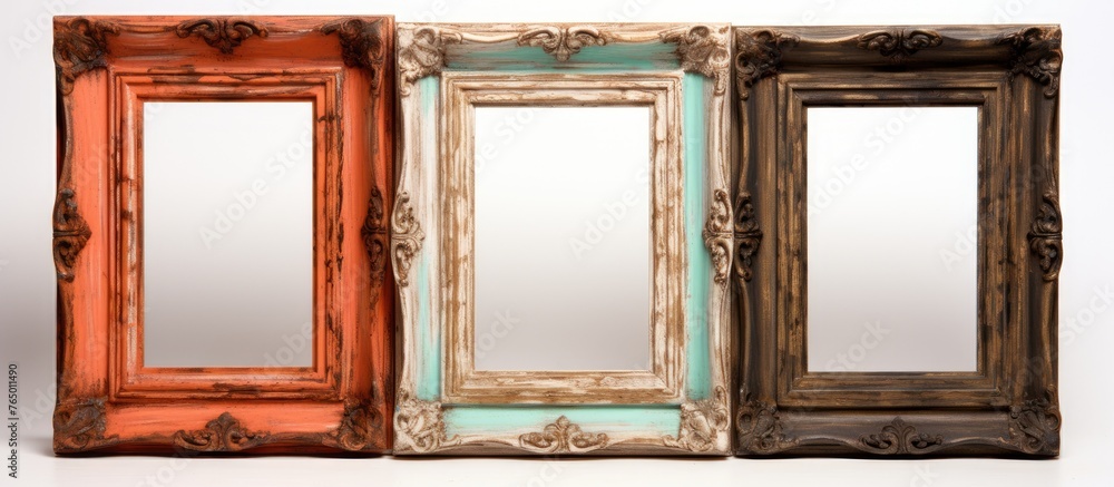 Poster three frames of various colors are neatly arranged against a plain white backdrop