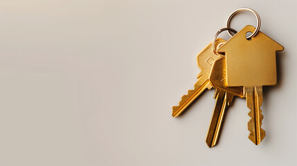 Keys to a new home with key and home shaped keyring keychain. Mortgage, investment, real estate,...