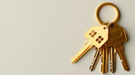 Keys to a new home with key and home shaped keyring keychain. Mortgage, investment, real estate,...