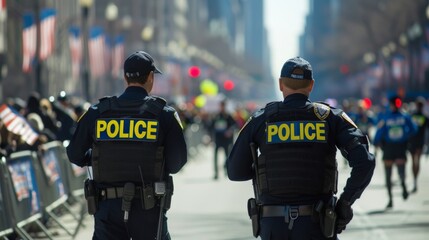 Police officer on active duty patrolling in a busy city street