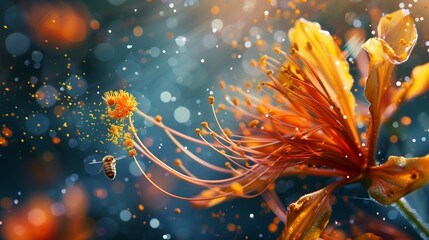 Macro photograph of a flower in bloom releasing pollen into the air, bees pollinating.