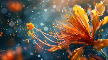 Fotobehang Macro photograph of a flower in bloom releasing pollen into the air, bees pollinating. © stefanholm