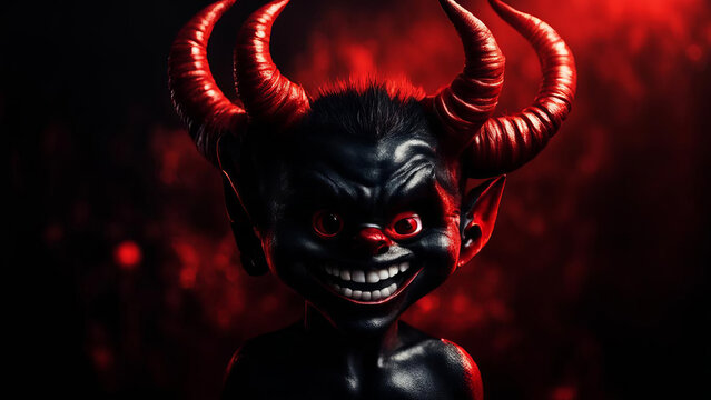 A black devil with red horns smiles slyly. On a dark cinematic background with a ray of light.