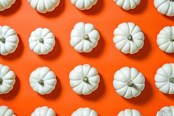 Arrangement of white pumpkins on orange background in symmetrical pattern for autumn harvest theme