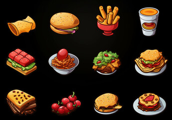 Drawing of a collection of various delicious snacks.