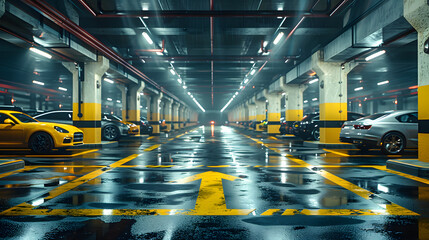 An underground parking garage with yellow and black striped walls and white lights.