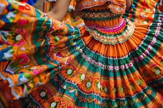 The intricate details of a colorful, traditional Mexican dress showcased during a Cinco de Mayo celebration.