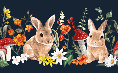 horizontal seamless pattern of cute bunny couple in colorful flower garden hand drawn vector illustration