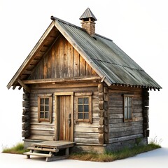 Fabulous Old Wooden Hut on White Background