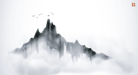 Minimalist ink painting with birds flying over a monochromatic, misty mountain range. Traditional oriental ink painting sumi-e, u-sin, go-hua. Hieroglyph - happiness. - obrazy, fototapety, plakaty