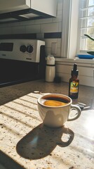 Shot of coffee cup with oil bottle on sunny kitchen counter 