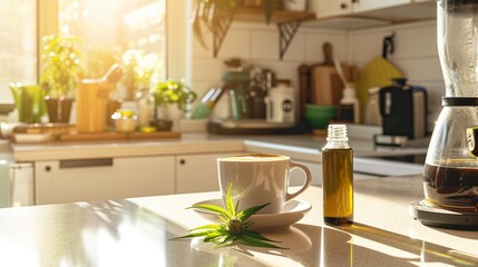Shot of coffee cup with oil bottle on sunny kitchen counter  - obrazy, fototapety, plakaty