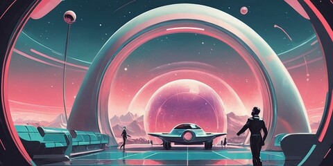 Rear view of a man and a woman standing in front of a futuristic spaceship. - obrazy, fototapety, plakaty