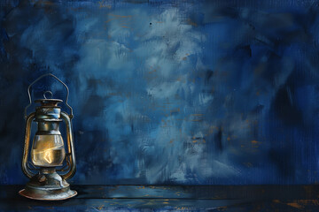 lanterne de bateau dite lanterne temp&ecirc;te au k&eacute;ros&egrave;ne allum&eacute;e, lampe en m&eacute;tal marine sur les bateaux, avec une anse pour suspendre l'&eacute;clairage. Fond bleu textur&eacute; avec espace n&eacute;gatif copy space