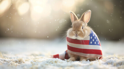 cute rabbit wear american flag, that is symbol of Independence Day, american flag, memorial day, american democracy, usa patriotism, victory of us.  Ai generated image